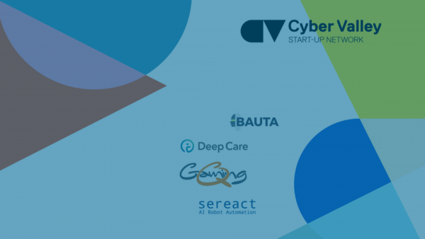 buntes Muster im Hintergrund. Im Vordergrund das Logo von Deep Care, das Logo von Cyber Valley, das Logo von Sereact, das Logo von Bauta und das Logo von GamingQ.