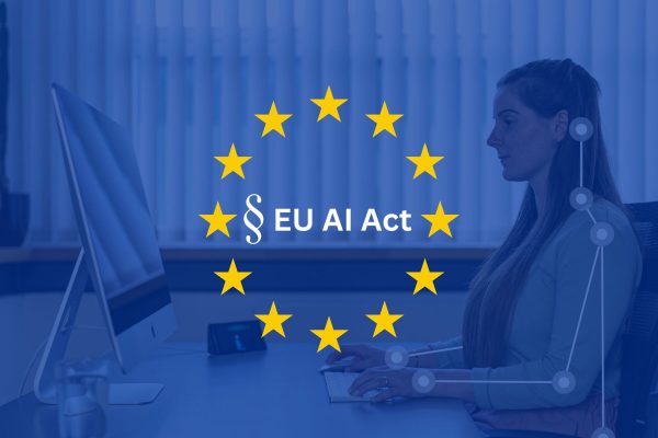 The picture shows a woman using the AI assistant Isa at her desk. Above the picture is a transparent EU flag with the inscription 